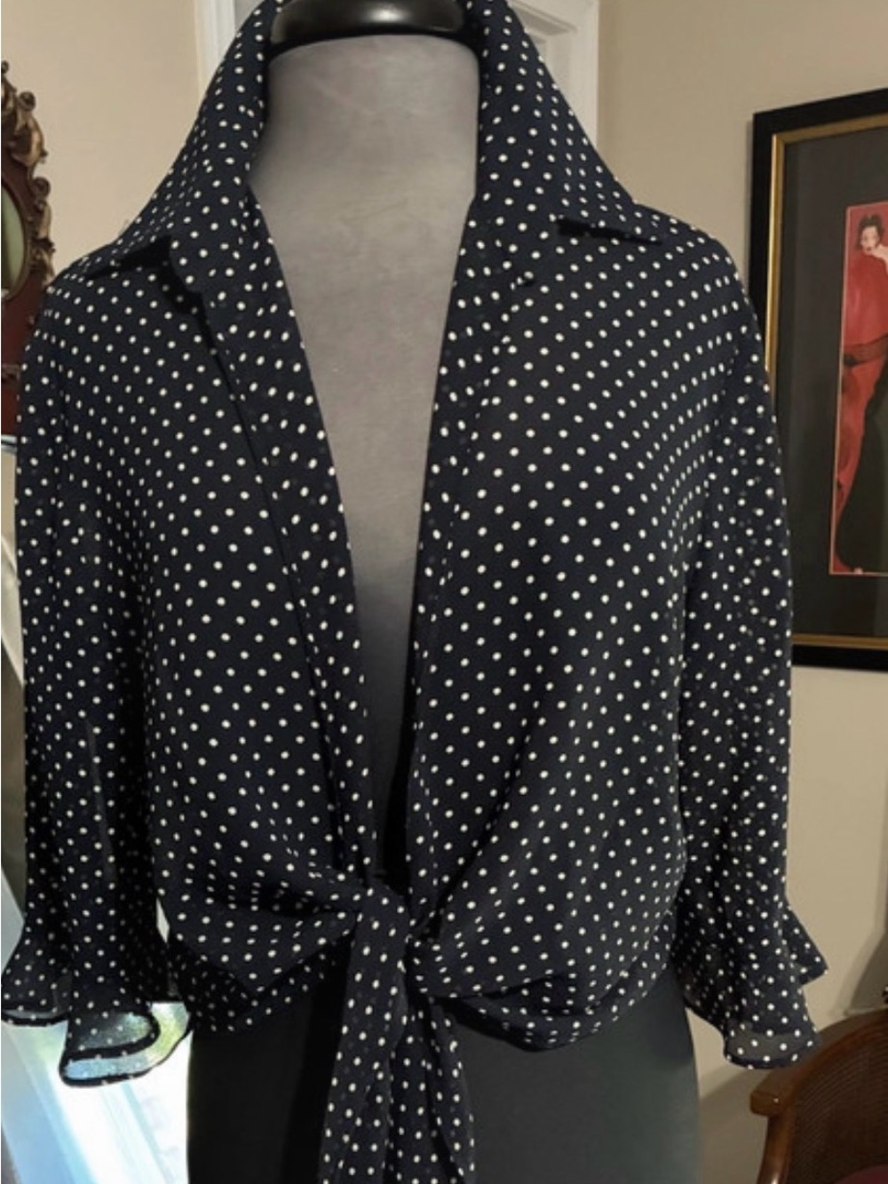 Joseph Ribkoff Black and White Polka Dot Tie-Front Blouse - Picture 7 of 7